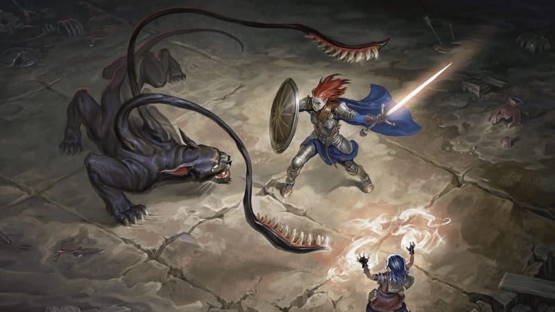 A lone adventurer facing a dangerous monster in a ruined dungeon