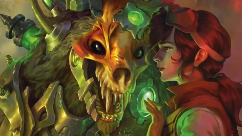 Fantasy illustration of a Reanimator Artificer beside a mechanical dragon