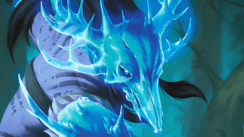 Fantasy illustration of a Hollow Warden Ranger with a glowing blue skeletal stag