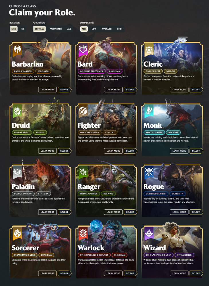 D&D Beyond Quick Builder class presentation screen