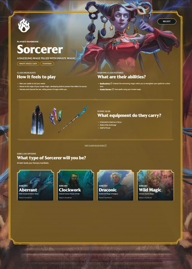 D&D Beyond Quick Builder Sorcerer class screen