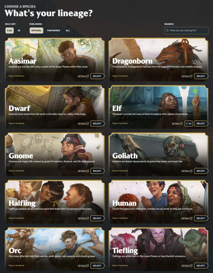 D&D Beyond Quick Builder species screen