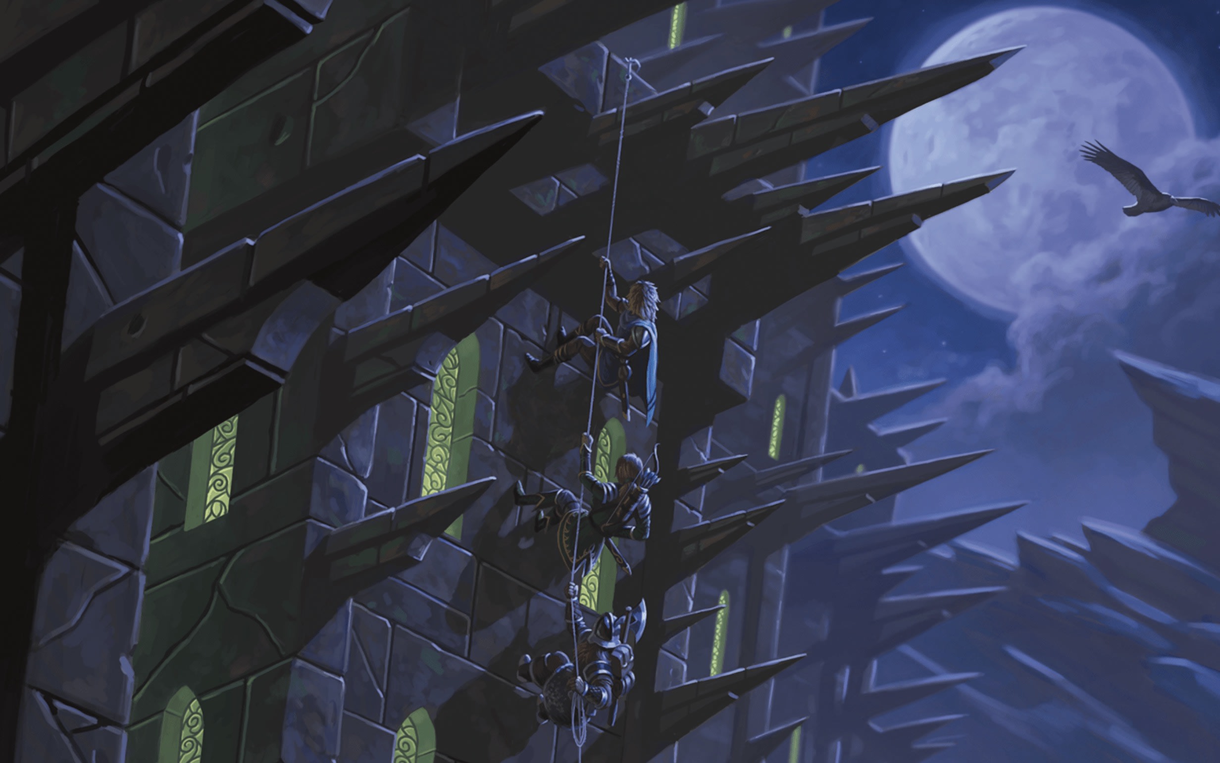 Adventurers climbing a dangerous fortress wall under the moon