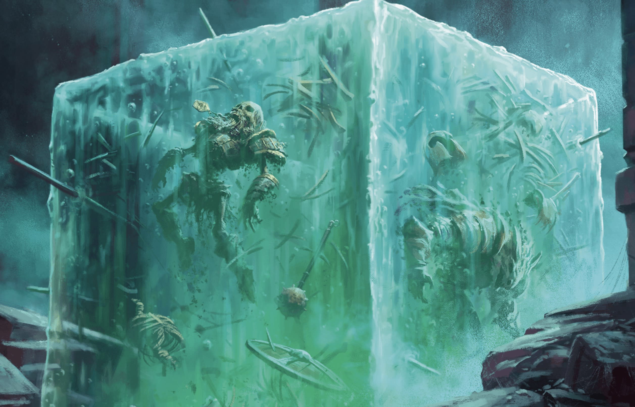 Adventurers and creatures trapped inside a magical block of ice