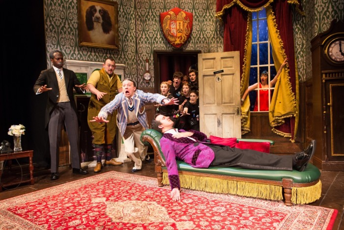 Katie Bernstein, Jason Callender, Edward Judge, Alastair Kirton, Edward Howells, Meg Mortell, Graeme Rooney, and Patrick Warner in The Play That Goes Wrong