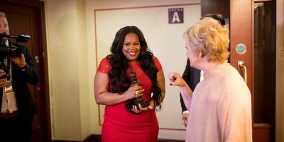 Amber Riley and Maria Friedman backstage at the Olivier Awards 2017 with Mastercard (Photo: David Levene)