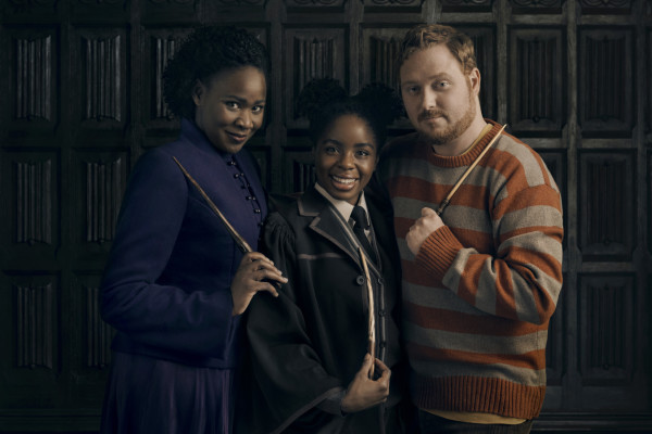 Harry Potter And The Cursed Child. The Granger-Weasleys: Nicola Alexis as Hermione Granger, Helen Aluko as Rose Granger-Weasley and Thomas Aldridge as Ron Weasley. Photo by Charlie Gray