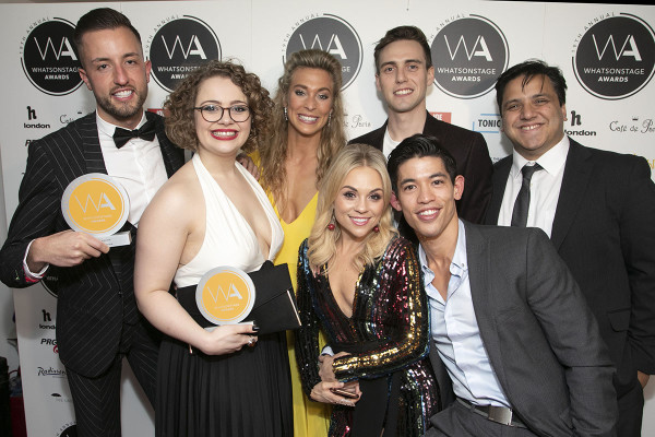 Paul Taylor Mills, Carrie Hope Fletcher, Jodie Steele (behind), Jamie Muscato (behind), Sophie Isaacs (front), Christopher Chung (front), Nathan Amzi (behind) - photo by Dan Wooller