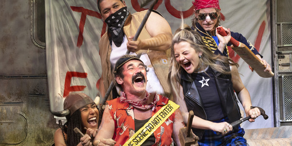 Clockwise from top left: Ed Kear as Davey, Mackenzie Crook as Ginger, Charlotte O'Leary as Tanya, Mark Rylance as Johnny Rooster Byron and Kemi Awoderu as Pea. Photo by Simon Annand.