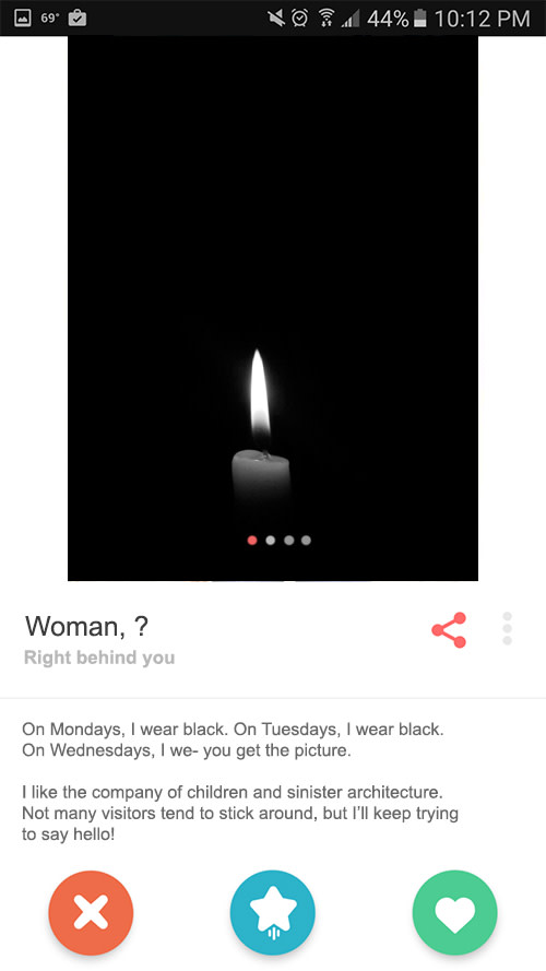 The Woman In Black's Tinder profile