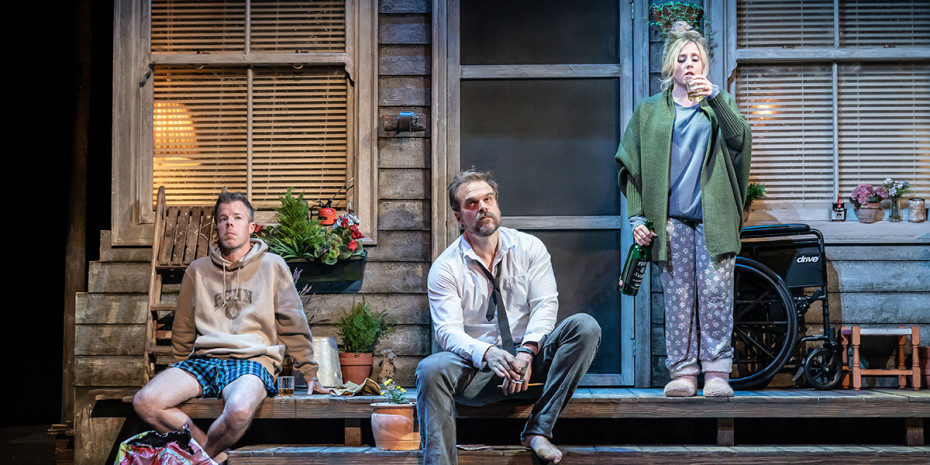 Stephen Wight, David Harbour and Sinead Matthews in Mad House (Photo Credit: Marc Brenner)