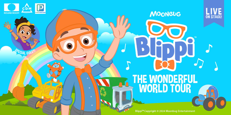 Blippi: The Wonderful World Tour. On the left Blippi is in a blue shirt with orange bow tie, braces, glasses and a blue and orange hat. Blippi is waving and smiling. In the top left hand corner Meekah is in a purple bubble also waving.