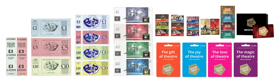 A selection of different Theatre Tokens vouchers from across the years including small books of paper vouchers, larger landscape vouchers and Gift Card vouchers