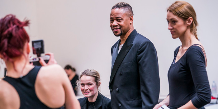 Sarah Soetaert, Cuba Gooding Jr and Michelle Antrobus in rehearsals for Chicago (Photo: Tristram Kenton)