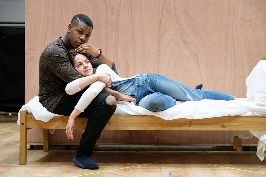 John Boyega (Woyzeck) and Sarah Greene (Marie) in rehearsal for Woyzeck at The Old Vic (Photo: Manuel Harlan)