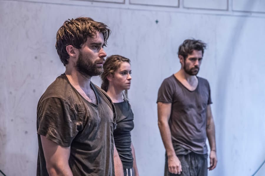 Christian Cooke (Pony William), Judith Roddy (Young Woman) and Matt Ryan (Gilbert) in rehearsal for Knives In Hens (Photo: Marc Brenner)