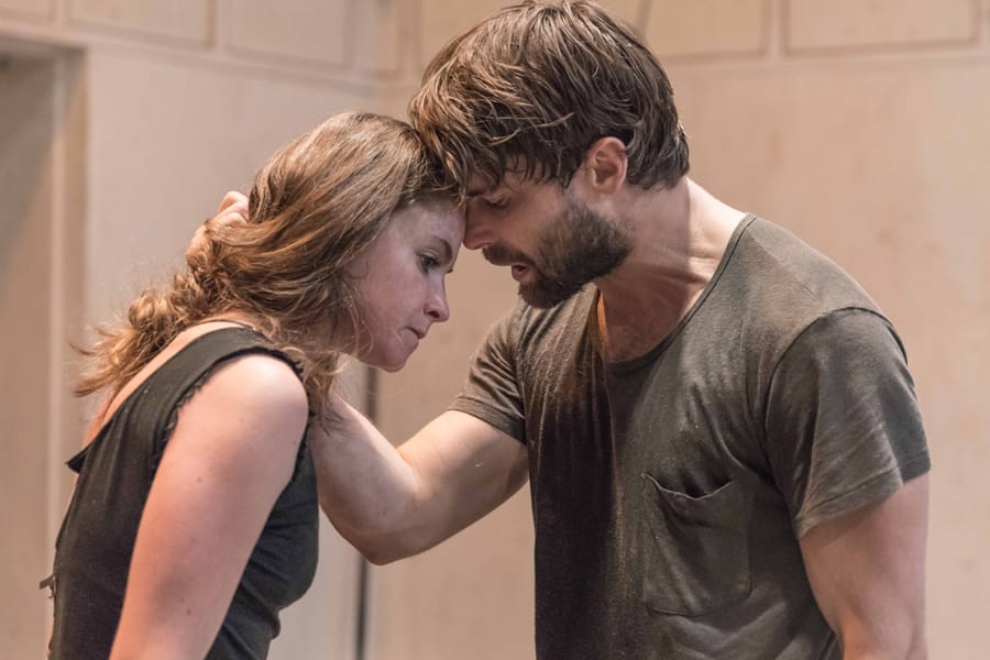 Judith Roddy (Young Woman) and Christian Cooke (Pony William) in rehearsal for Knives In Hens (Photo: Marc Brenner)