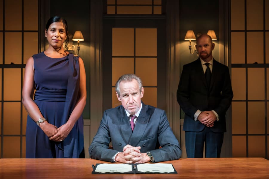 Lolita Chakrabarti (Queen Gertrude), Nicholas Farrell (King Claudius) and Sean Foley (Polonius) in RADA and Kenneth Branagh Theatre Company's Hamlet (Photo: Johan Persson)