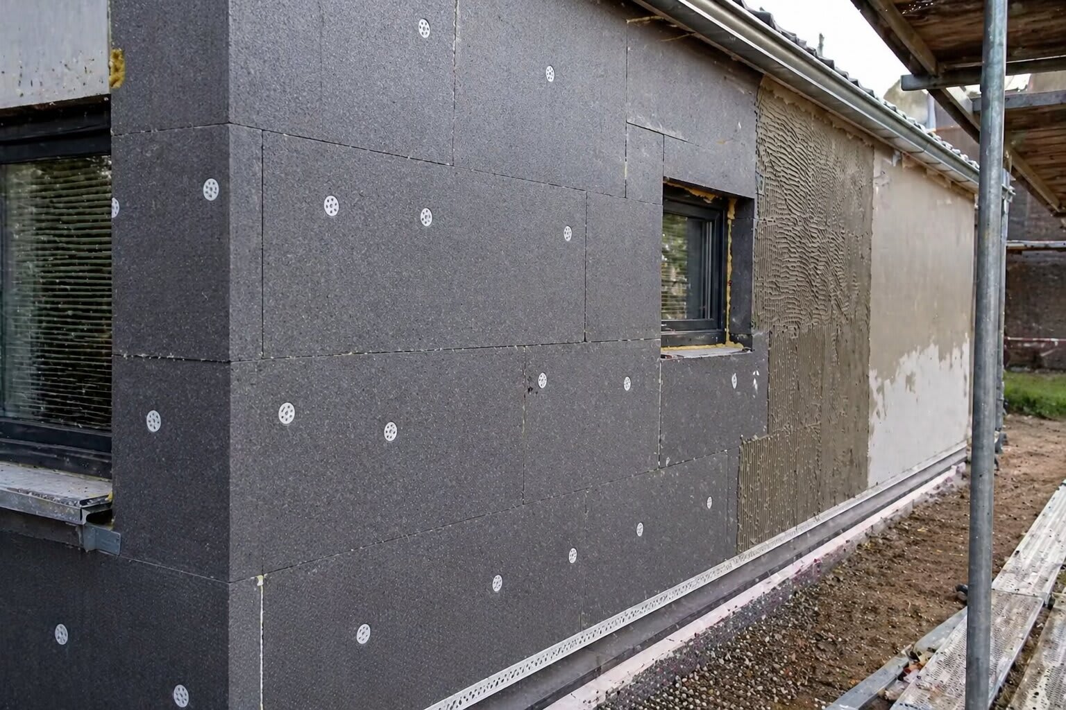 “Gevel van een woning in aanbouw met donkergrijze isolatieplaten (EPS)