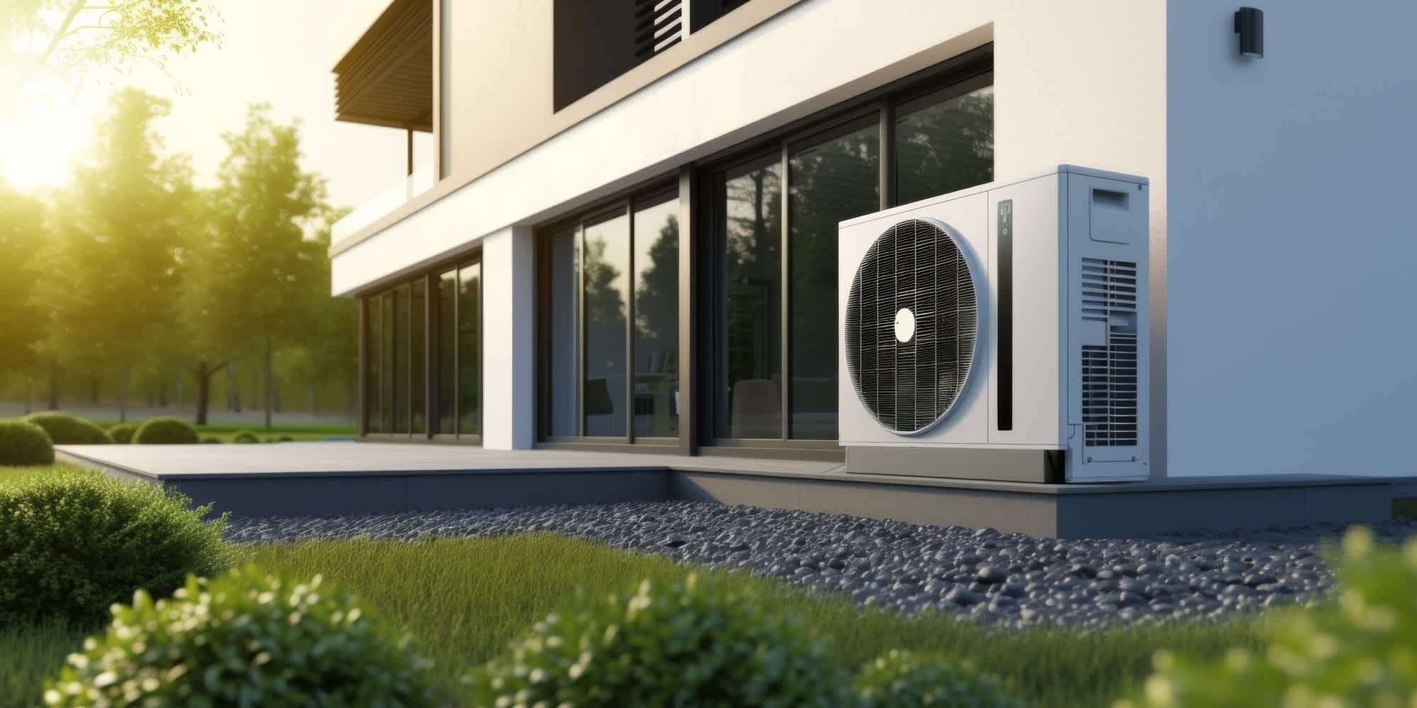 Buitenunit van een lucht-lucht warmtepomp naast een woning