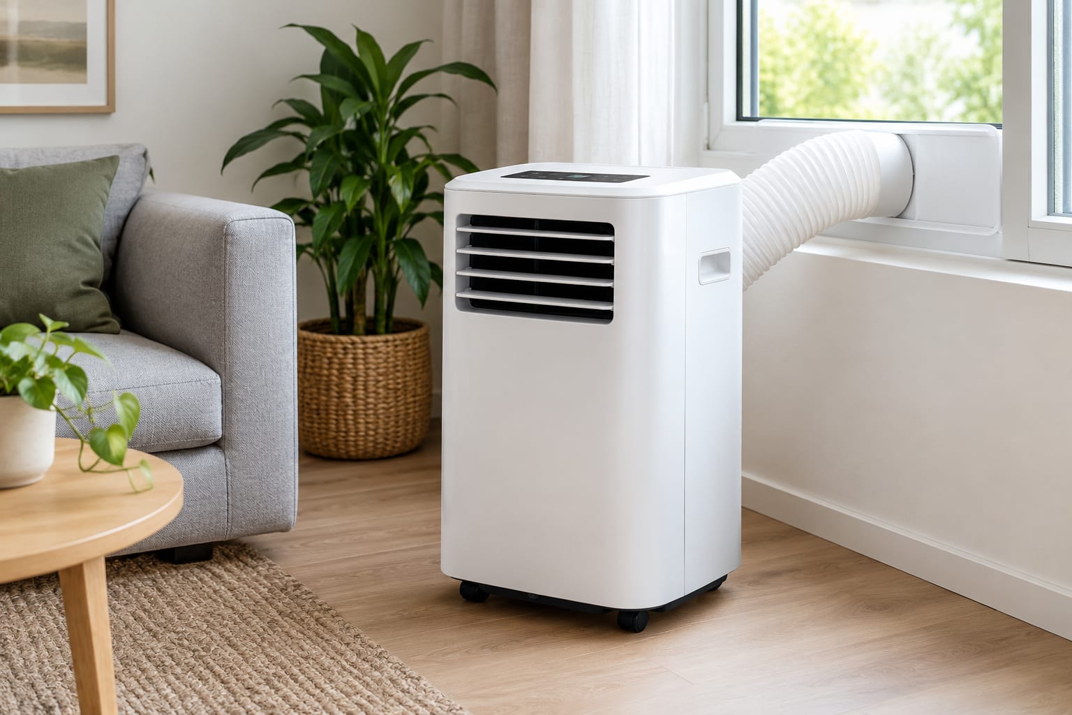 mobiele airco met buis aangesloten aan een raam