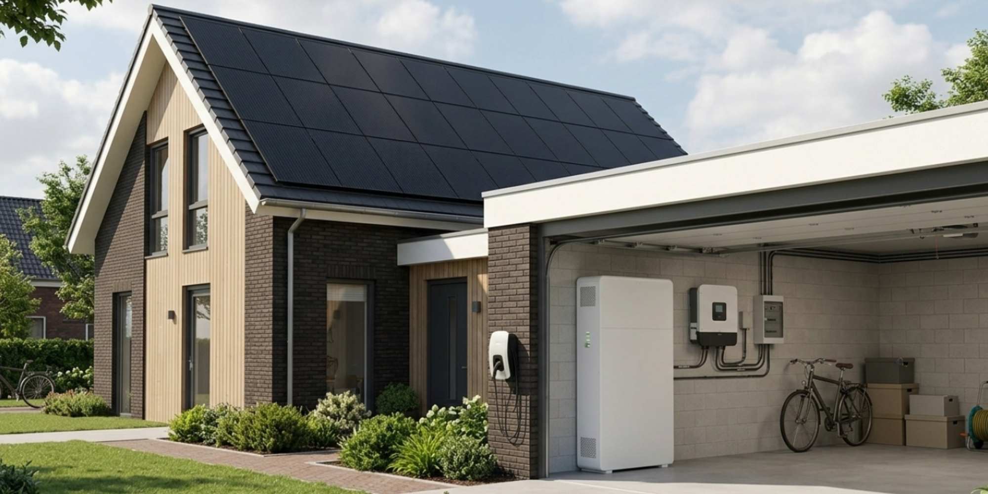moderne woning met thuisbatterij in de garage en zonnepanelen op het dak