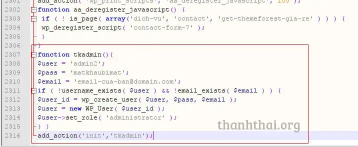 Thêm tài khoản admin wp bằng code php