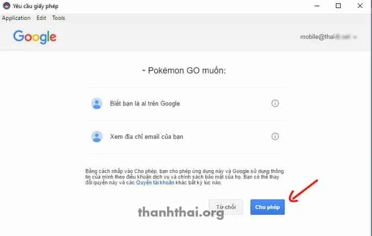 Cấp phép cho pokemon go map sử dụng tài khoản google