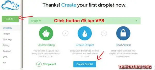 Bấm Create Droplet hoặc Create để bắt đầu tạo một VPS hosting mới.