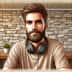 Dall_e_2024-11-05_11.36.16_-_a_digital_drawing_of_a_man_with_a_beard_and_headphones_around_his_neck__sitting_in_a_room_with_a_stone_brick_wall_background._the_drawing_is_realistic