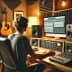 Dall_e_2024-12-24_03.46.44_-_a_professional_audio_producer_working_in_a_cozy_home_studio__seen_from_behind__with_their_back_turned_to_the_viewer._the_person_is_seated_at_a_desk_wi