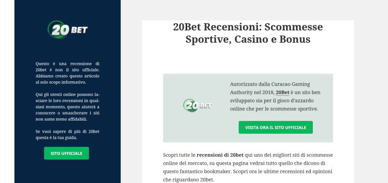 Interfaccia di 20bet