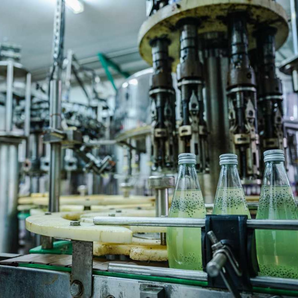 Commercial sanitizer bottle on production line