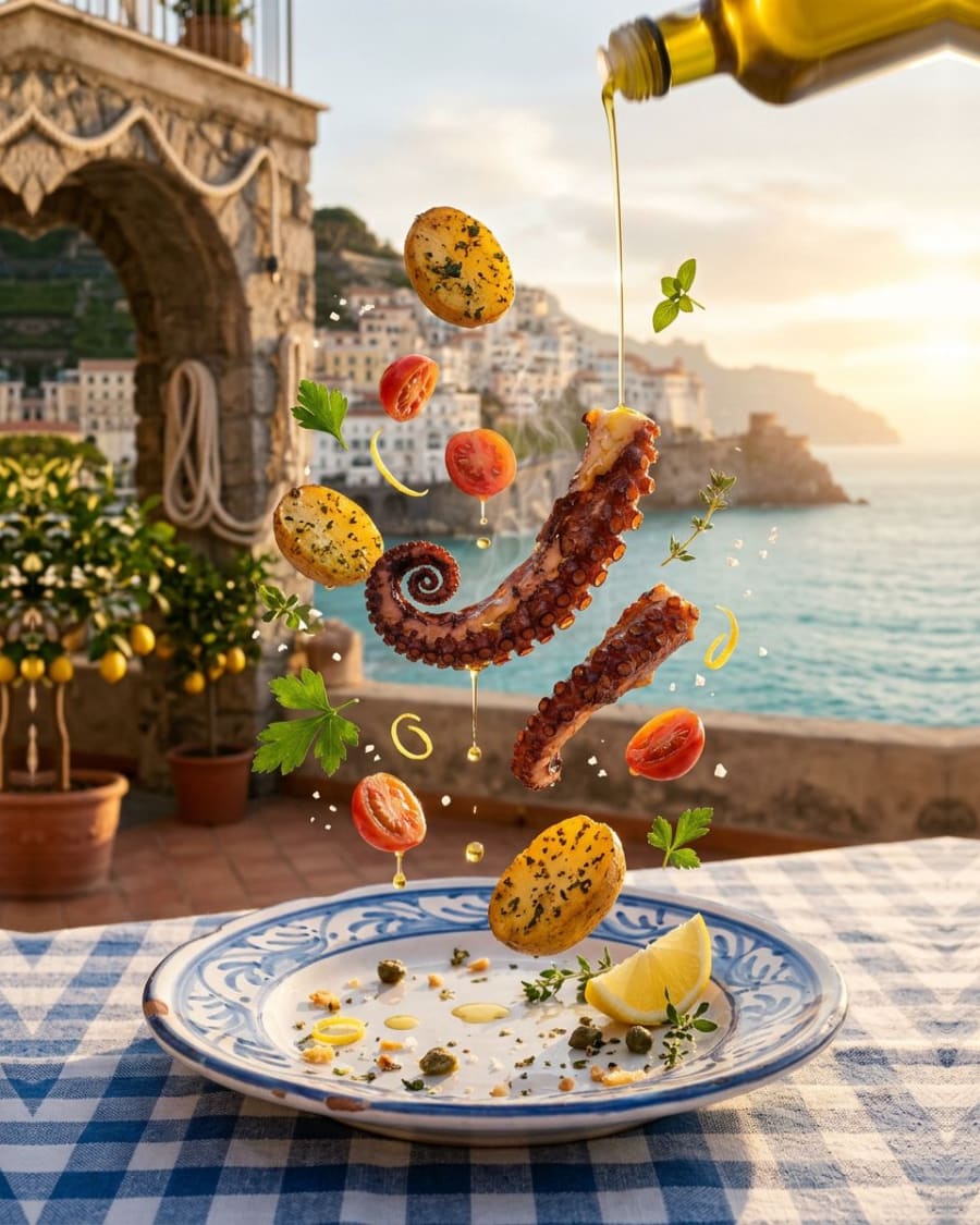 Octopus and potatoes with cherry tomatoes