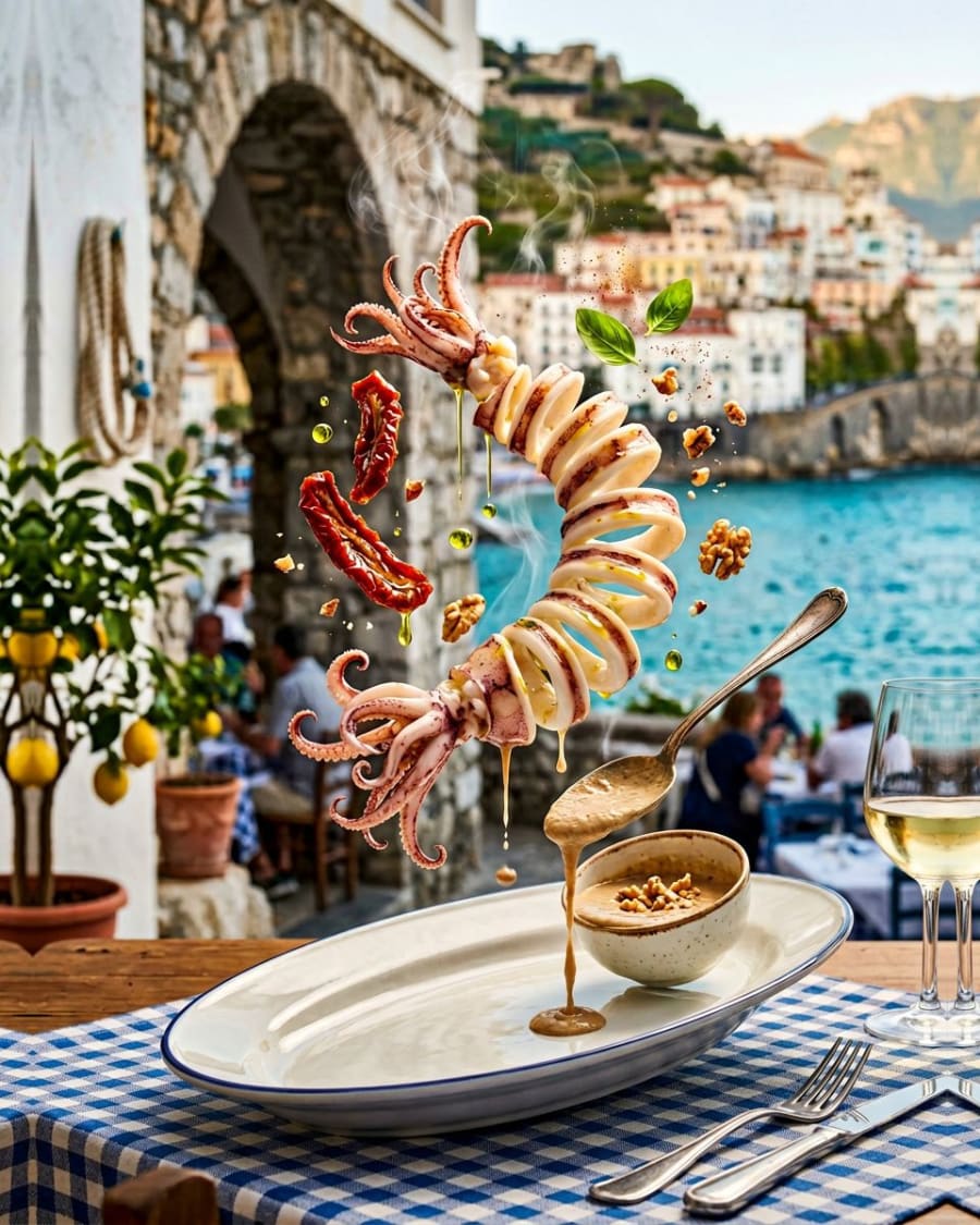Steamed squid with dried tomatoes and Sorrento walnut cream