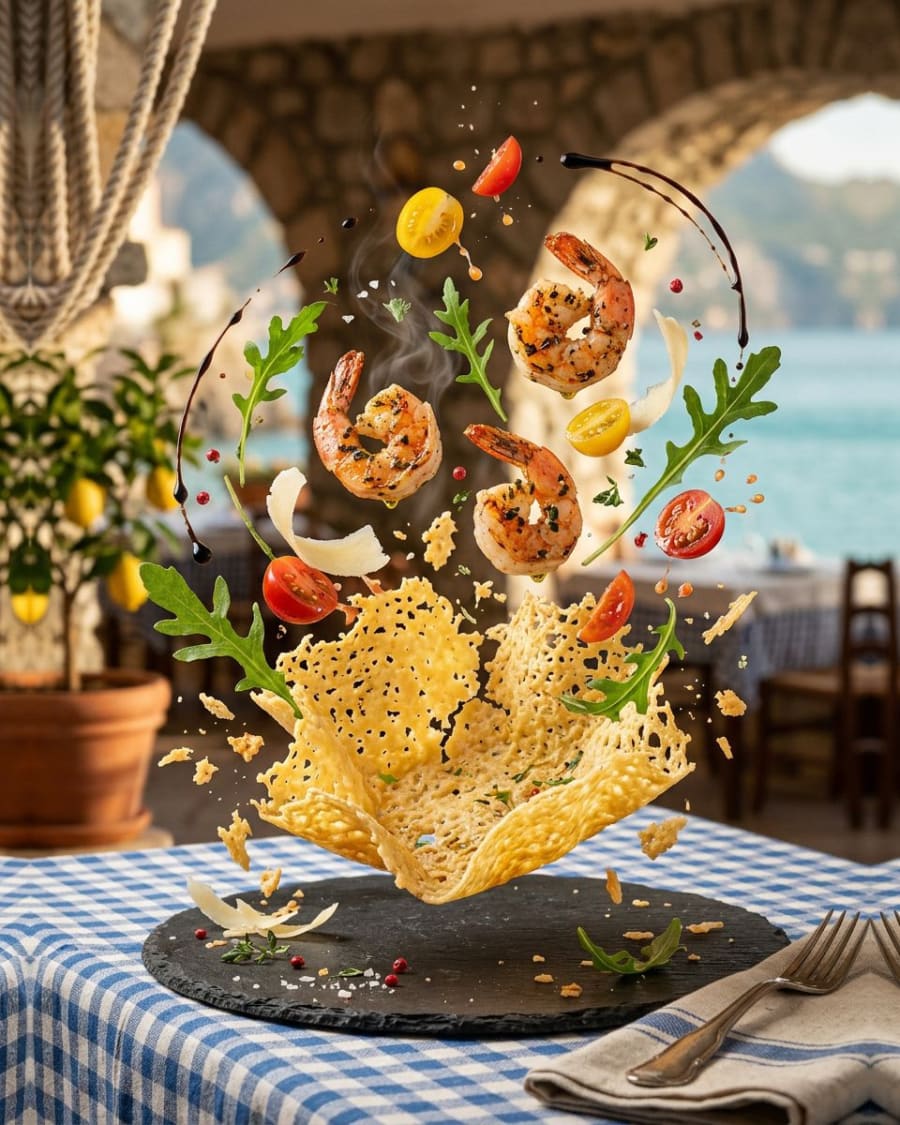 Basket of parmesan cheese with shrimp and rucola salad