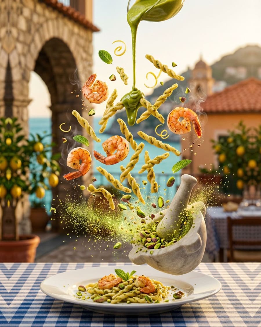Trofie (local pasta) with prawns and pistachio