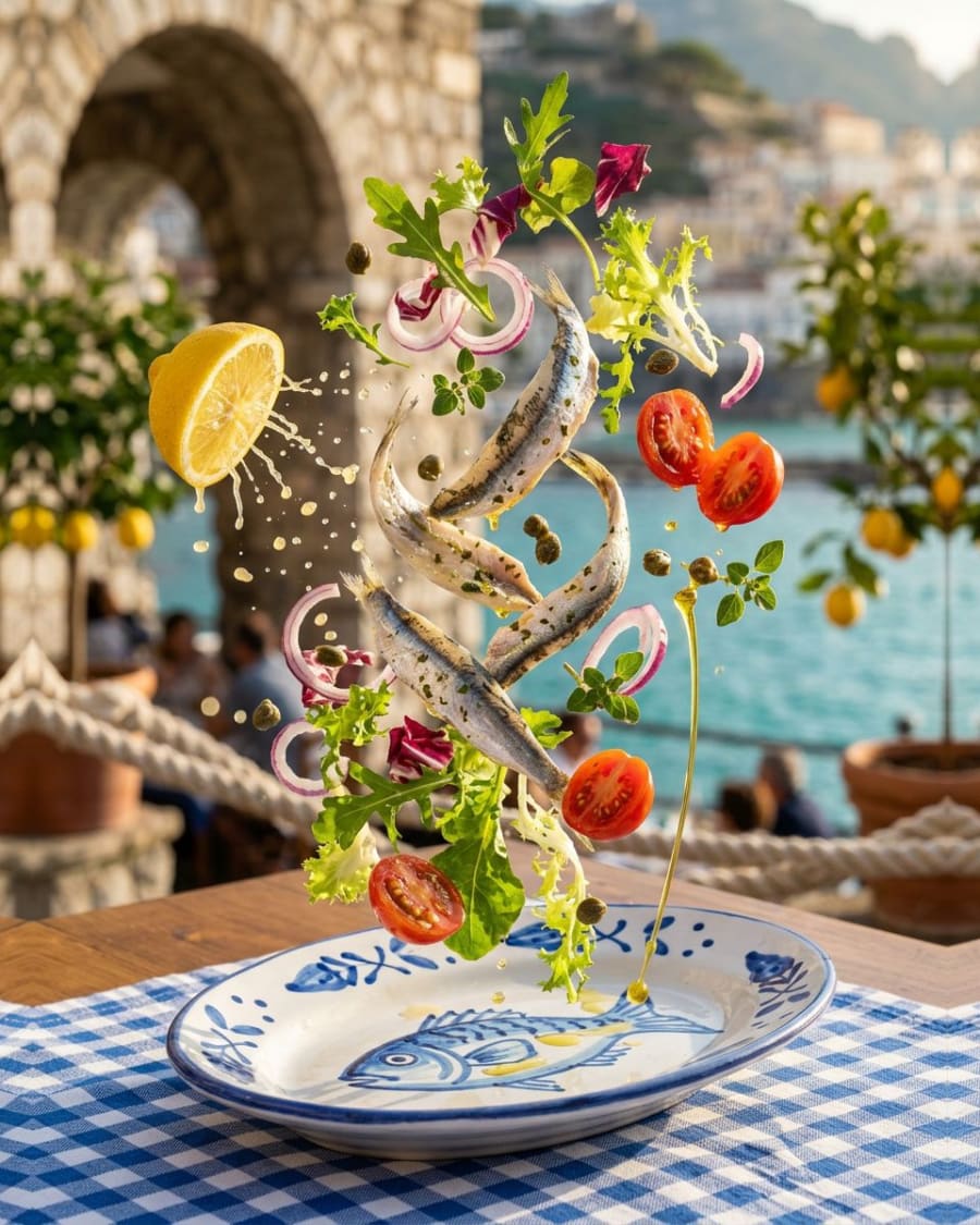 Marinated anchovies with mixed salad and cherry tomatoes