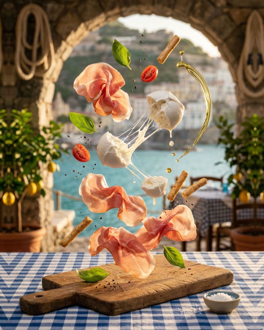Raw Parma ham and mozzarella of Tramonti