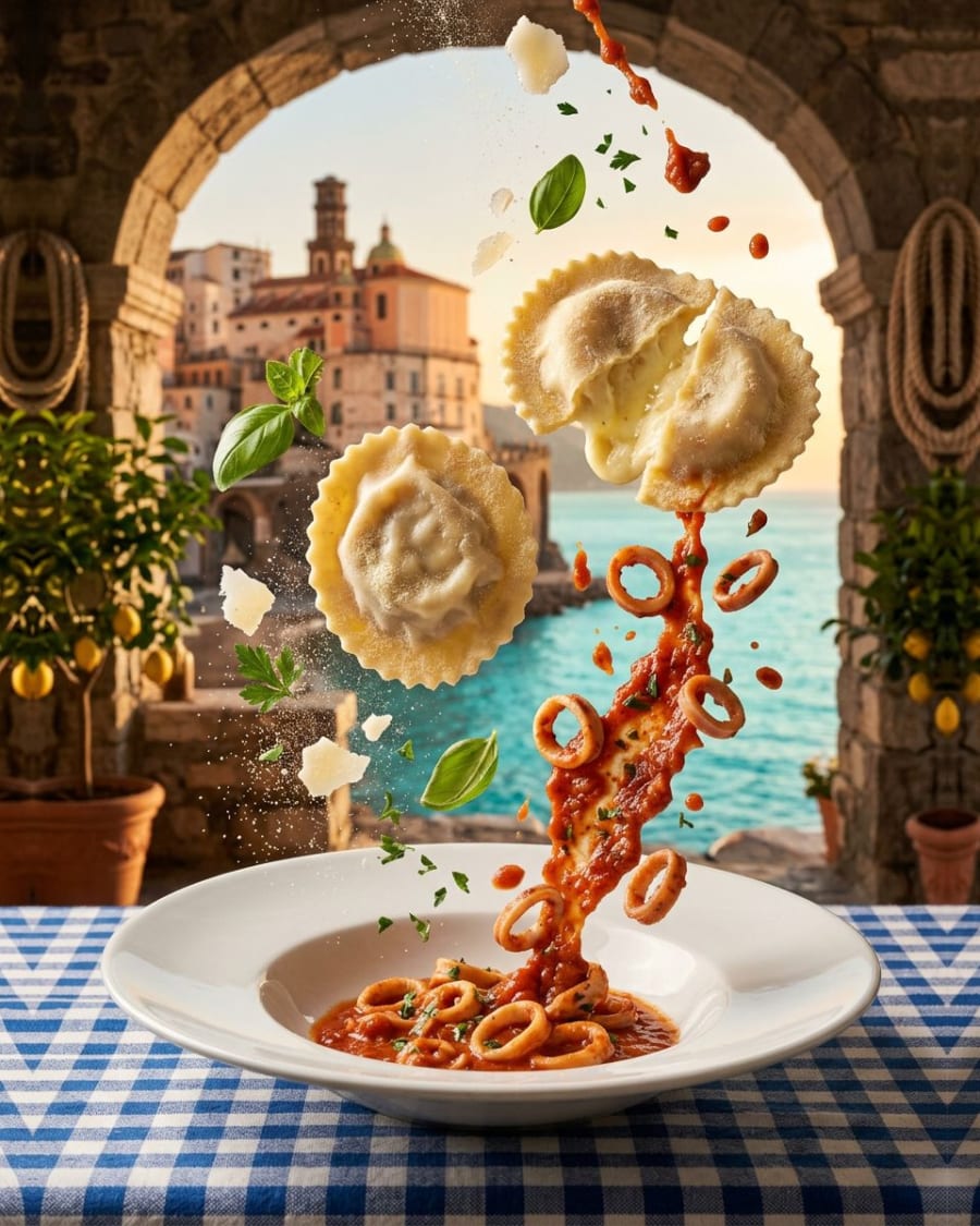 Ravioli stuffed with provola and potatoes with the squid sauce
