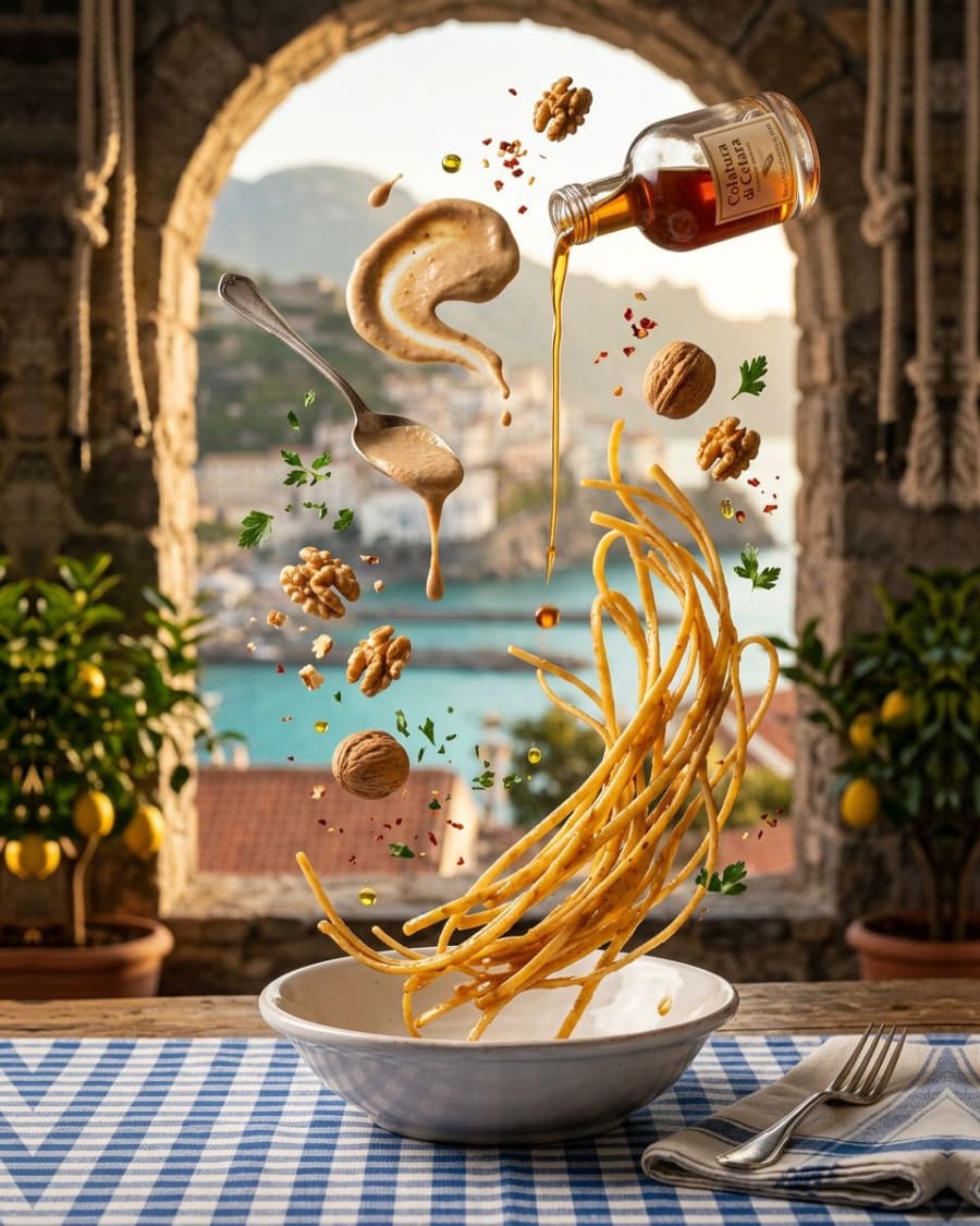 Linguine with anchovies sauce (garrum) and nut cream