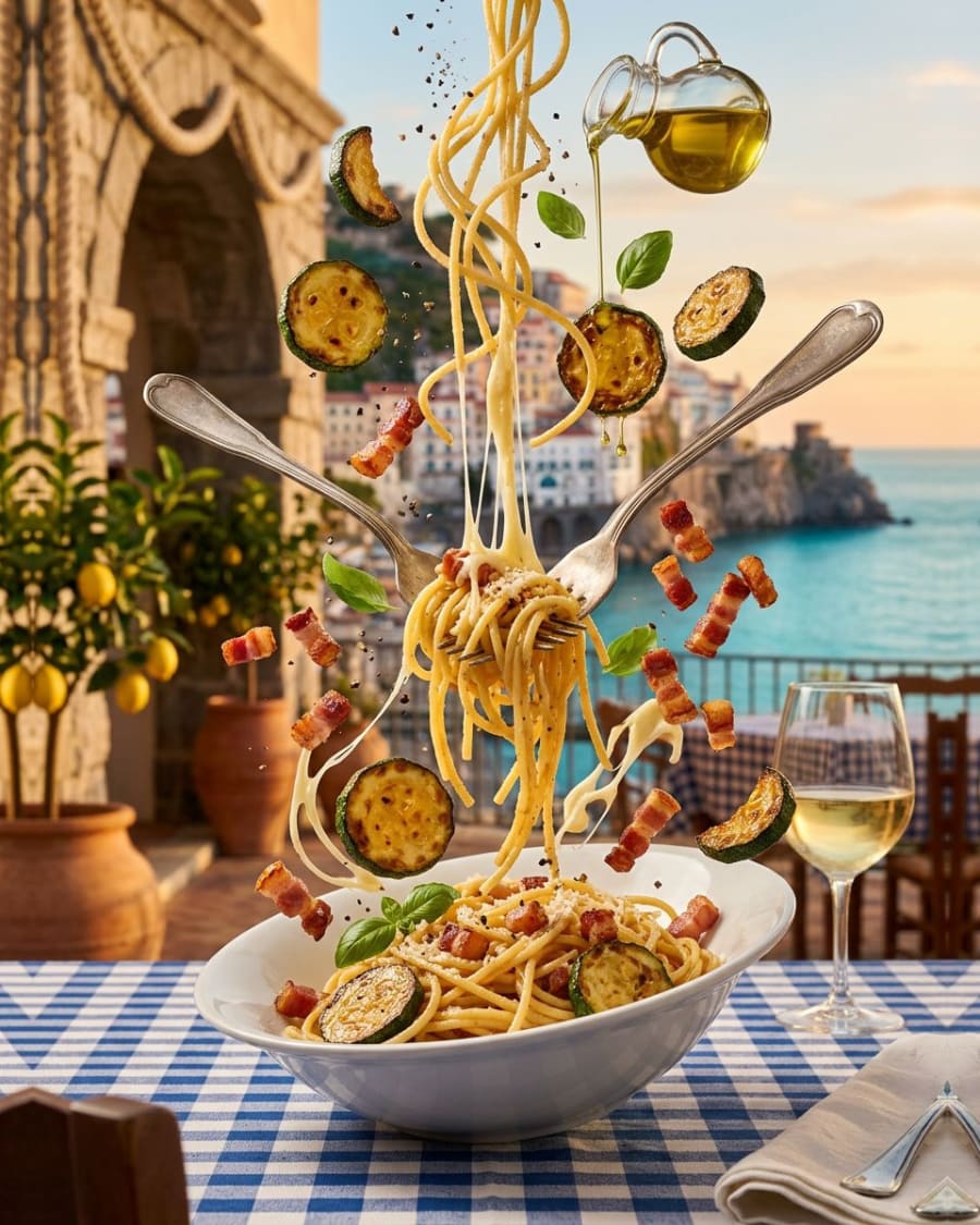 Linguine with bacon, zucchine and local cheese