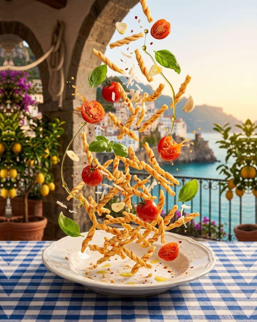 Trofie (local pasta) with cherry tomatoes of Amalfi