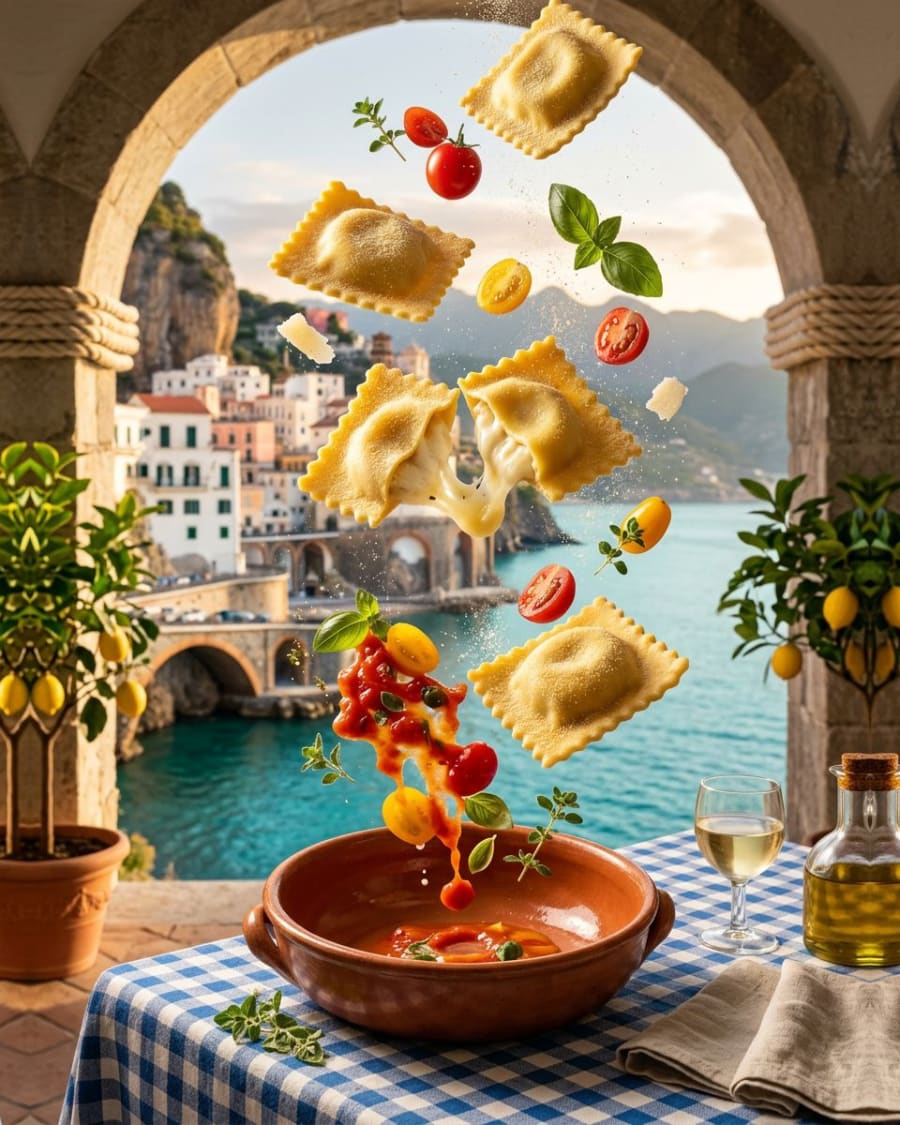 Ravioli stuffed with cheese and potatoes with tomato sauce and parmesan
