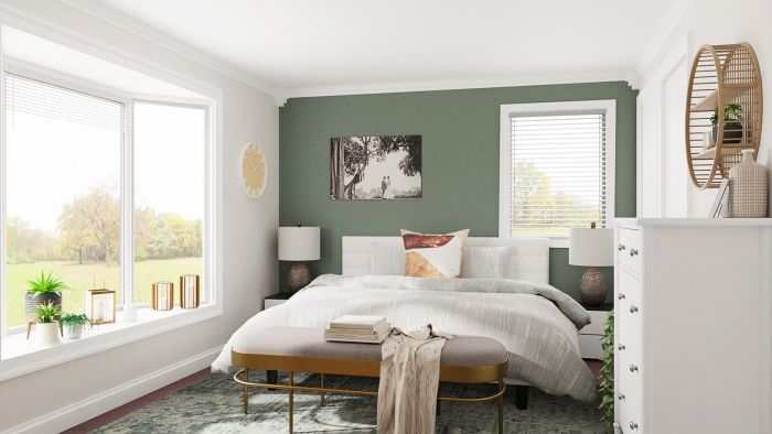 Beautiful Glam Transitional Bedroom Design With Sage Green Accent Wall Design By Spacejoy