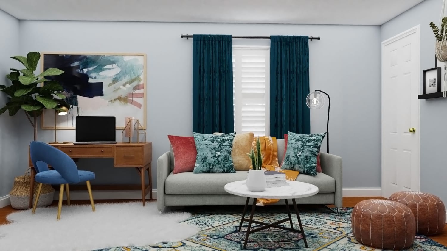 Colorful Mid-Century Glam Living Room Design By Spacejoy