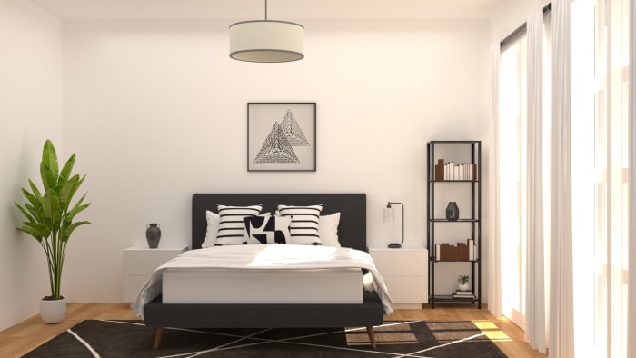 Minimalist Geometric Bedroom Design By Spacejoy You can keep your plant on. minimalist geometric bedroom design by