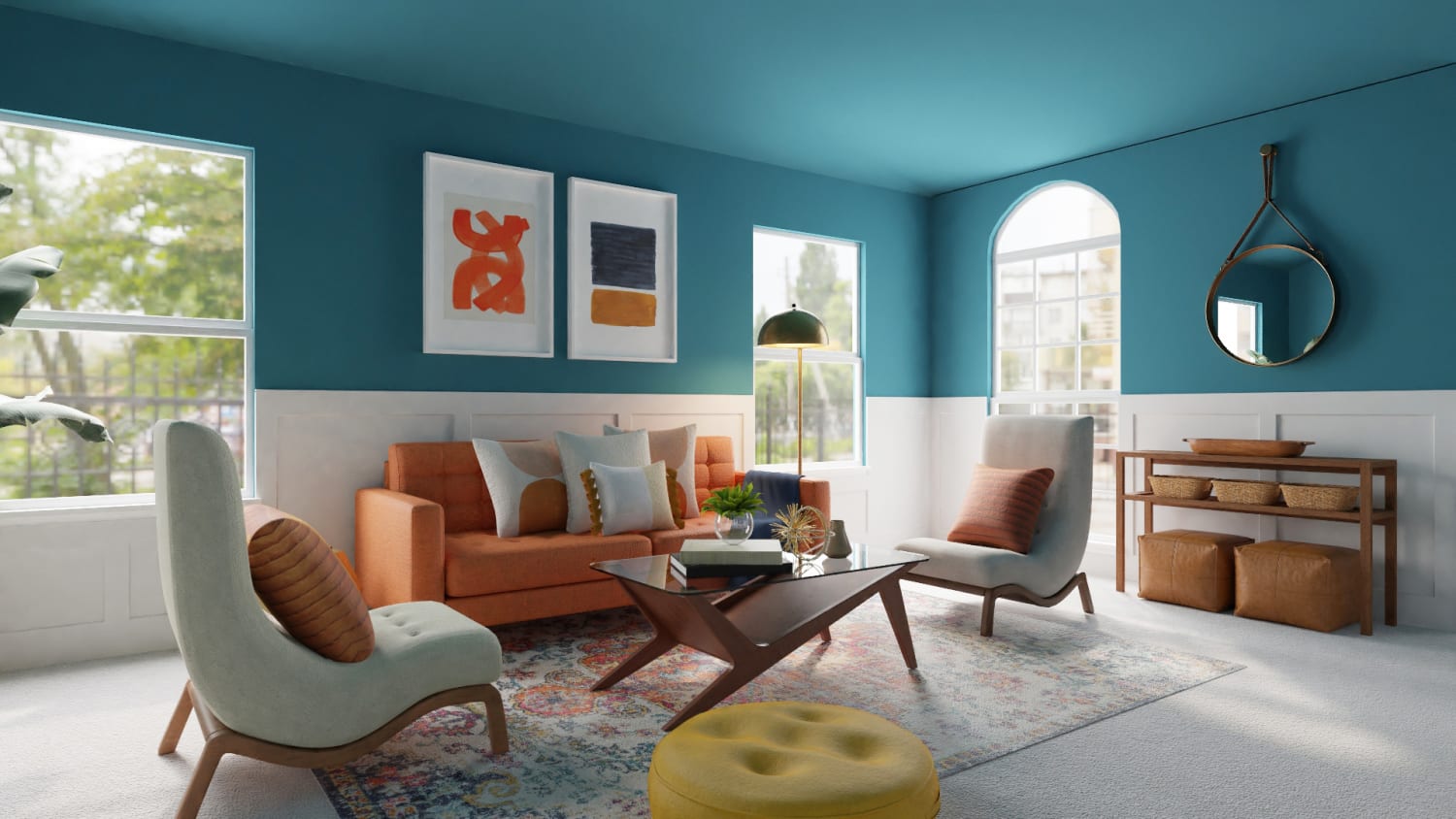 Colorful Mid-Century Modern Living Room Design By Spacejoy