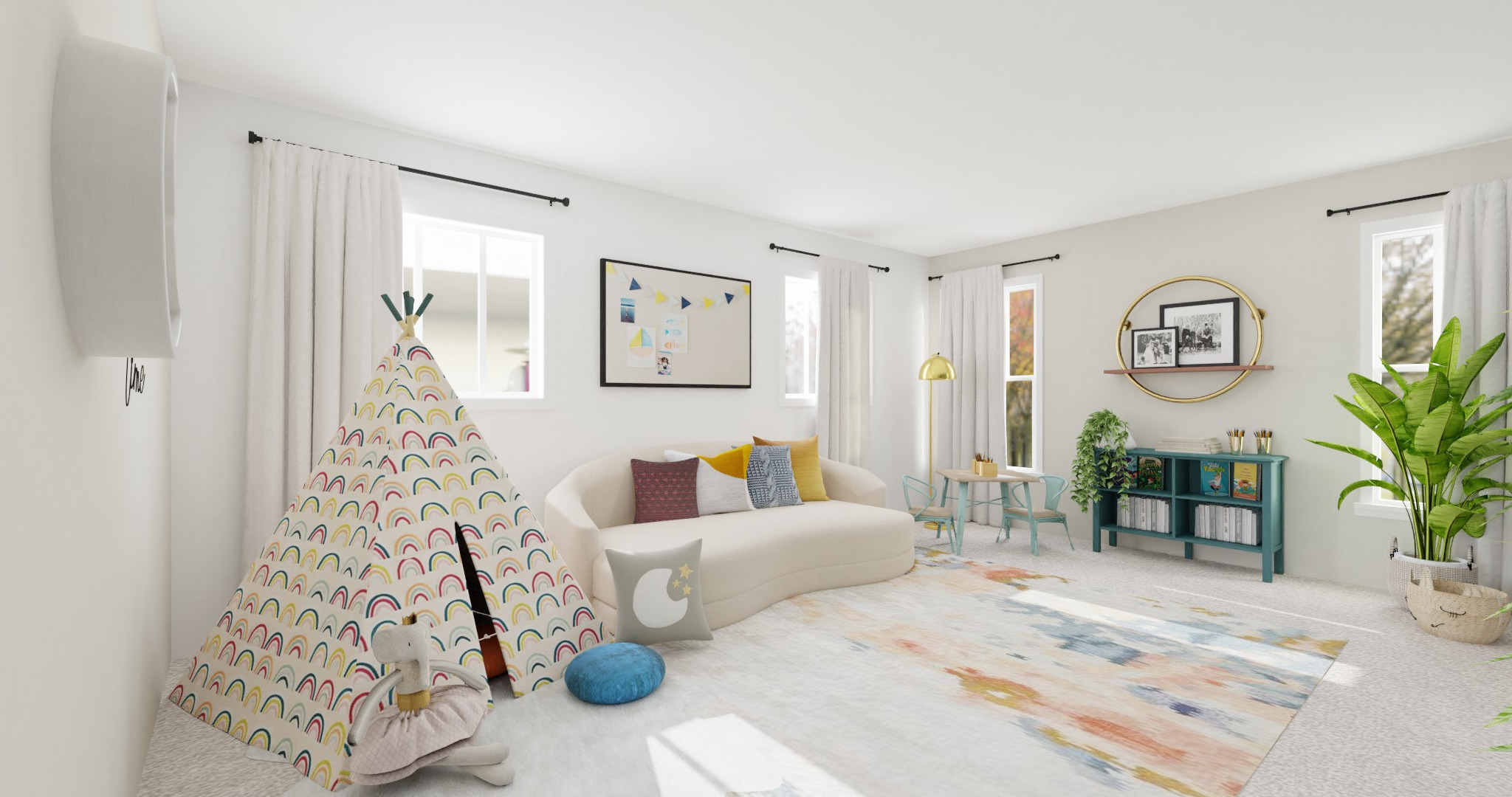 white kids playroom with pastel accents