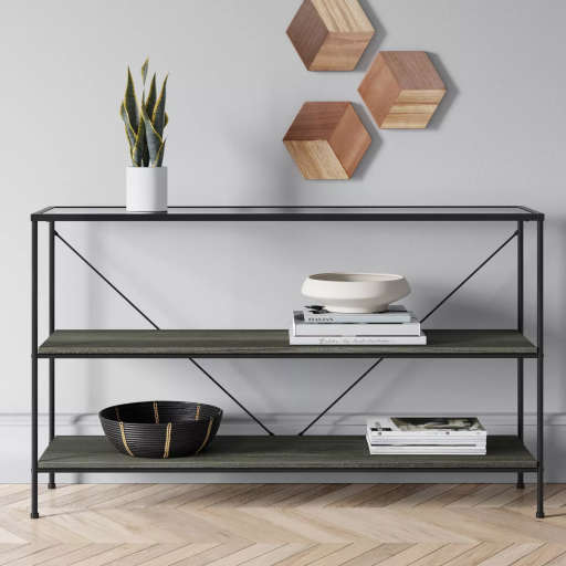 Fulham 2 Shelf Glass Top Horizontal Bookcase with Wood Shelves Black